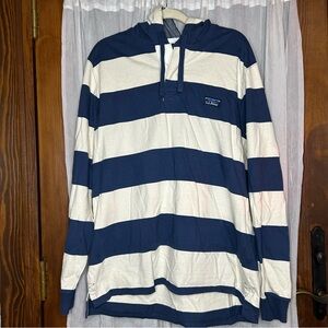 LL Bean Rugby Polo Shirt Hooded Men’s Large Blue White Stripe